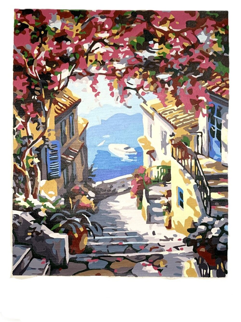 Mediterranean Coastal Village Paint-by-Number Artwork Completed. Unframed. 16/20